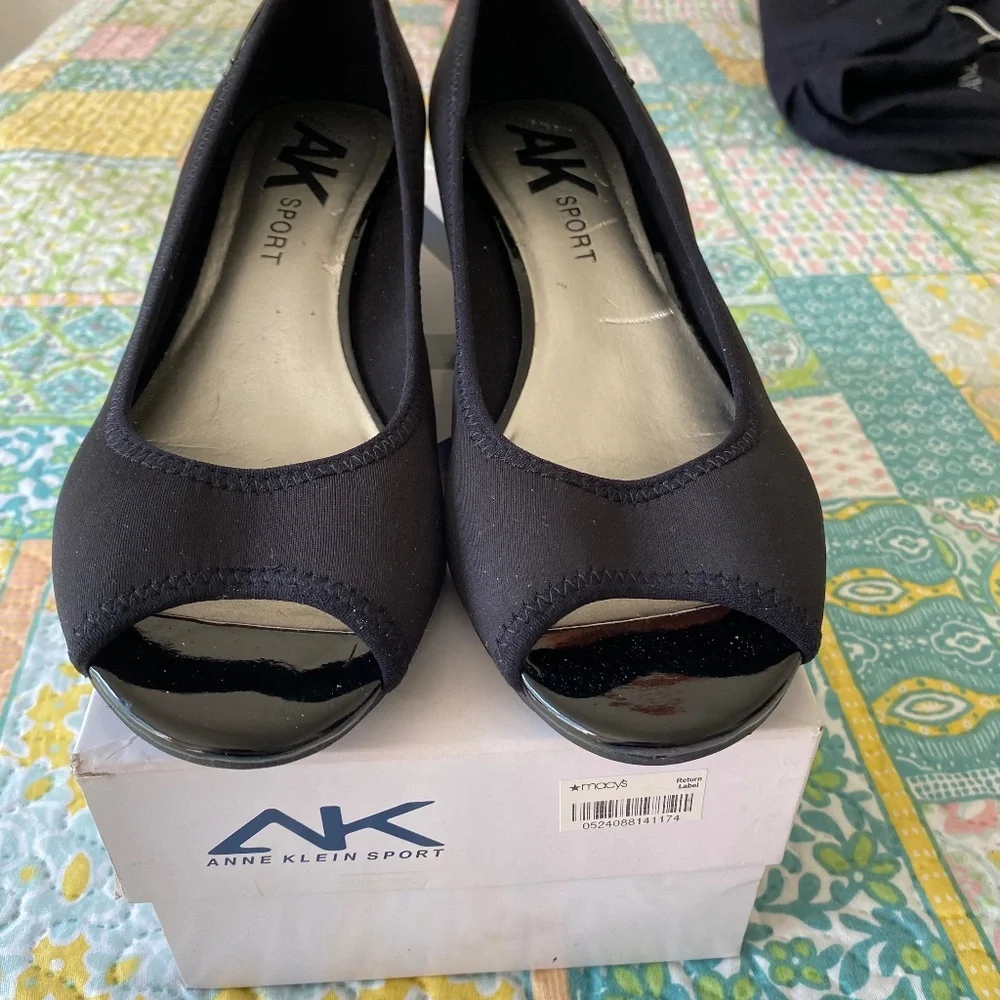 Anne Klein Sport Black Wedge Peep Toe Shoes